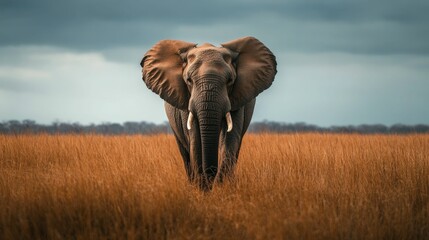 Naklejka premium African Elephant standing in a field in front of a dramatic stormy sky