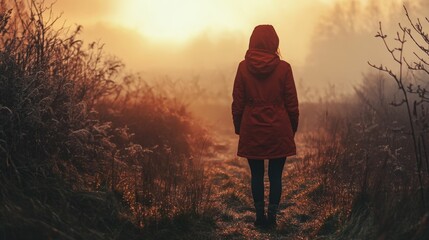 Obraz premium A woman stands alone on a path in the fog as the sun rises in the distance