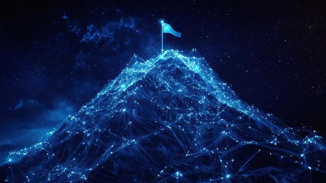 A digital mountain peak with glowing blue lines and an illuminated flag on top, symbolizing the goal of technological innovation in global network security for big data