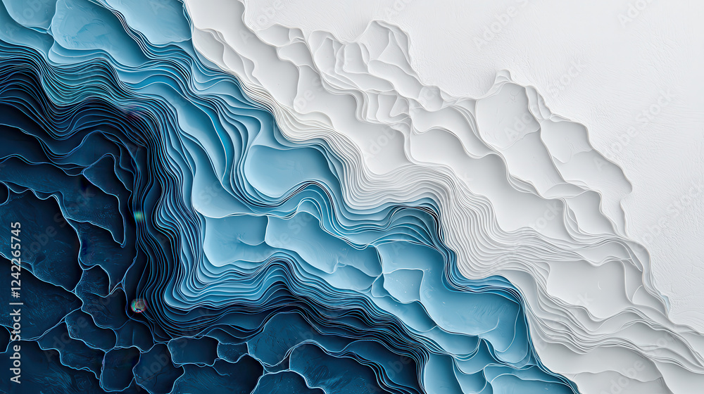 Poster meditative abstract design featuring soft flowing blue waves and textured layers, creating serene and calming visual experience
