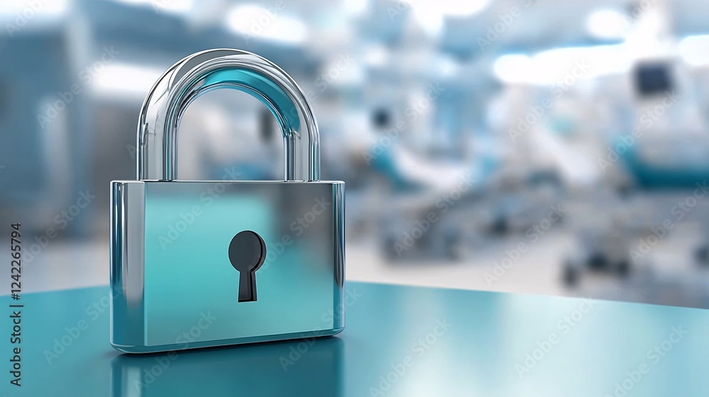 Poster metal padlock is displayed on a surface, symbolizing the importance of data security in healthcare