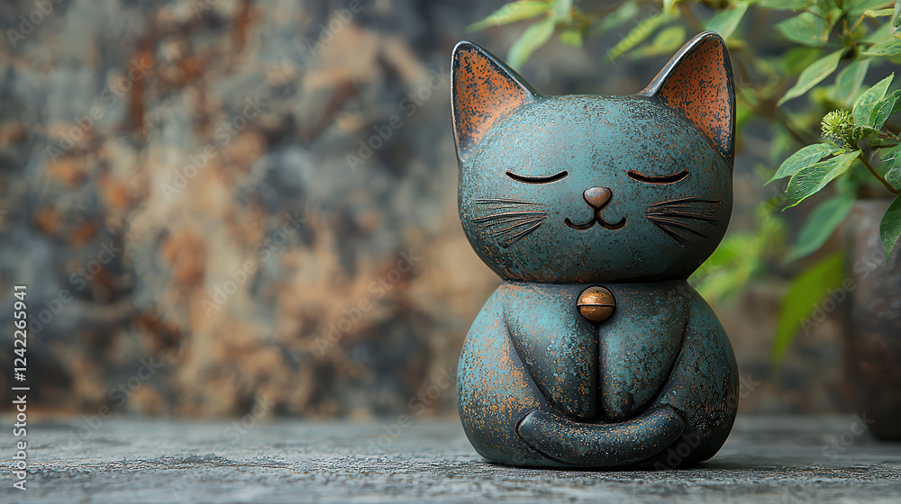 Poster serene cat figurine with smooth, glossy finish, exuding tranquility and charm. rustic texture and mu