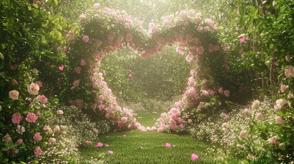 Heart-Shaped Garden with Roses and Blossoming Flowers in Spring