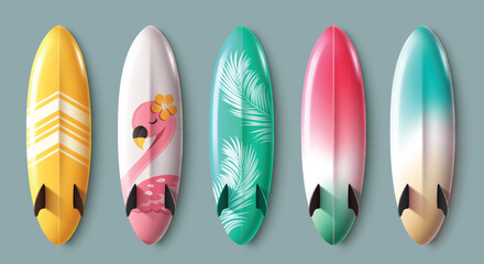Summer surfboard elements clipart set. Colorful surfing board clip art collection with rocket design and printed tropical elements for holiday vacation vector illustration.
