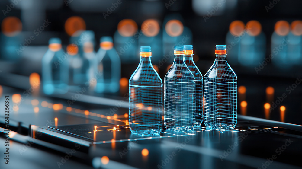 Aufkleber digital representation of plastic bottles on conveyor belt in recycling plant, showcasing advanced t