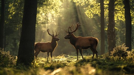 Two deer standing in the forest, facing each other with sunlight shining through the trees