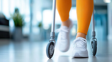 person with mobility issues using modern ergonomic walker, showcasing determination and independence. bright orange leggings and white shoes add vibrant touch to scene