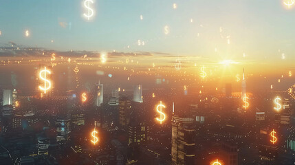 Obraz premium City skyline at sunset with glowing floating dollar symbols representing financial growth