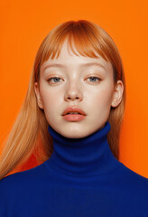 A young woman with vibrant red hair and bangs wears a royal blue turtleneck sweater against a bright orange backdrop. Her expression is serious and her makeup is minimal.