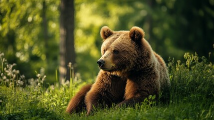 Obraz premium Close up portrait of a brown bear lying in green grass in a forest.