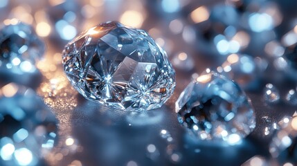 Diamonds scatter, sparkle, on a surface, glowing lights form blurred background. Use Jewelry