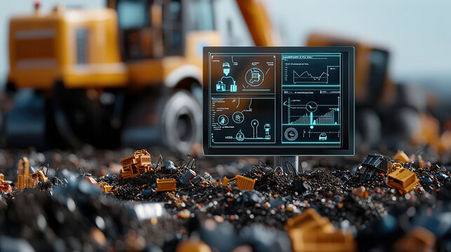 robotic AI driven landfill site with digital monitor displaying analytics and data. Heavy machinery operates in background, showcasing advanced waste management technology - Powered by Adobe