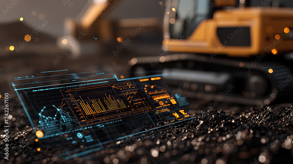 Poster robotic AI driven landfill site with holographic analysis displays data visualizations and machinery in background, showcasing advanced technology in waste management