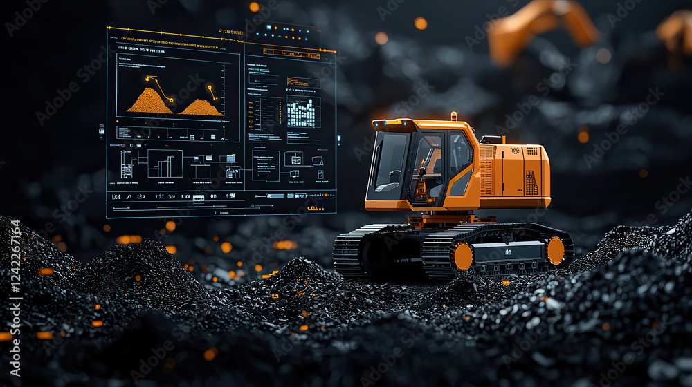 Poster robotic excavator operates in high tech landfill site, showcasing advanced data analytics on holographic display. scene highlights innovation in waste management