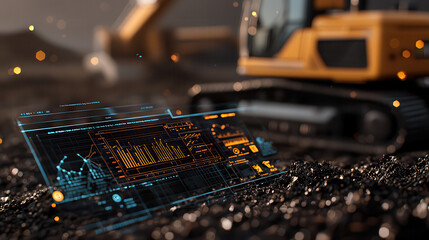 robotic AI driven landfill site with holographic analysis displays data visualizations and machinery in background, showcasing advanced technology in waste management