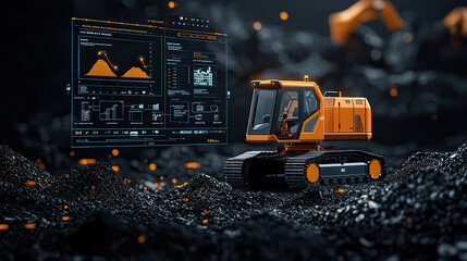 robotic excavator operates in high tech landfill site, showcasing advanced data analytics on holographic display. scene highlights innovation in waste management