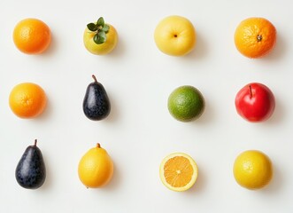 Colorful fruit flatlay; oranges, apples, pears, lime; white background; healthy food blog