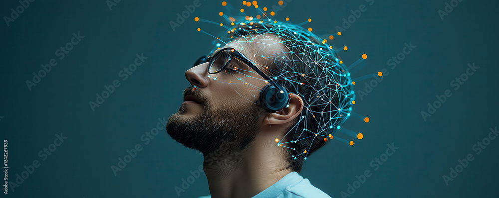 Leinwandbilder student using brain computer interface technology, showcasing neural connections and data visualization. image captures fusion of technology and human cognition, evoking curiosity and innovation