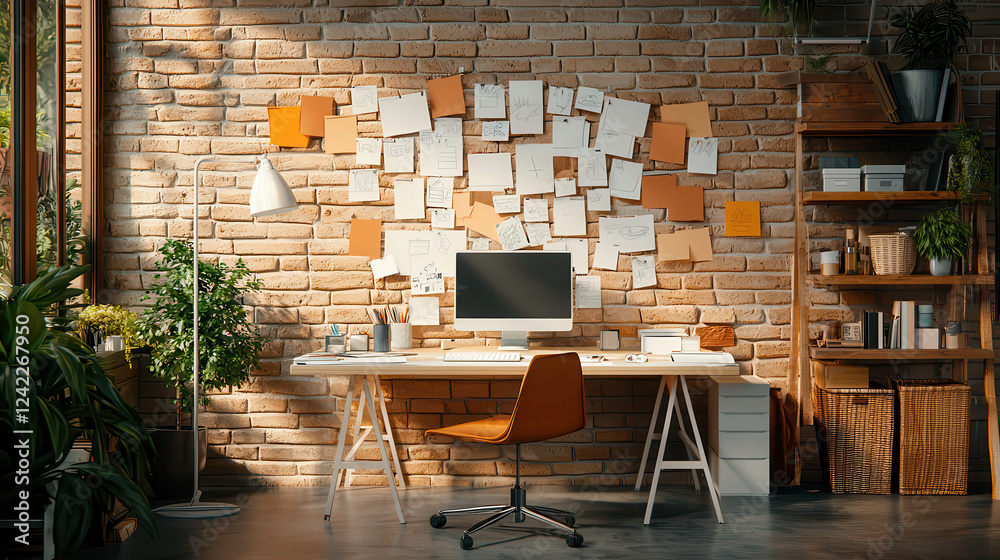 Poster modern creative workspace featuring desk, computer, and organized notes on brick wall. warm lighting and greenery create inspiring atmosphere for productivity