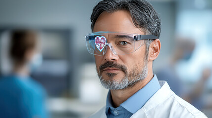 surgeon wearing augmented reality glasses examines holographic heart display in modern medical environment. advanced technology enhances surgical precision and patient care