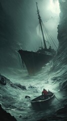 Obraz premium Lone Sailor Navigates Stormy Seas Near Shipwreck