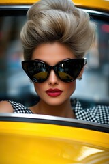 Close-up of a woman wearing oversized sunglasses, with a strong red lip, seated in a yellow taxi...