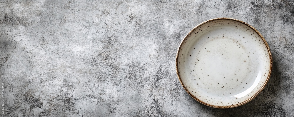 Poster textured gray background with copy space showcasing a rustic ceramic plate