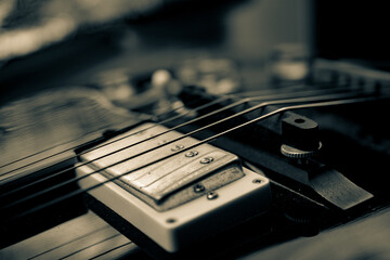 Close-up of guitar strings and pickup in monochrome tone. © Valmir Fernando