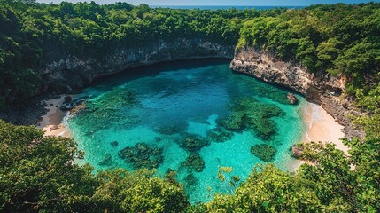Obraz premium Aerial view of a secluded tropical cove with clear turquoise waters and lush greenery surrounding the beach