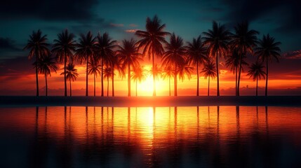 Obraz premium Palms silhouette on coast as sun sets with vibrant reflections, for travel promotion
