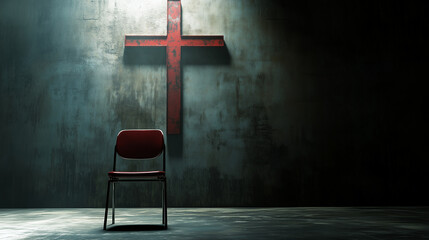 A single, empty chair in front of a cross
