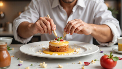 Pastry chef perfecting dessert plating in gourmet kitchen, culinary art