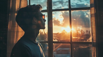 Silhouette of a young man looking out the window at the sunset