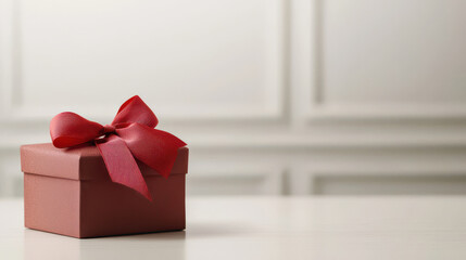 Elegant red gift box with satin ribbon bow on table surface