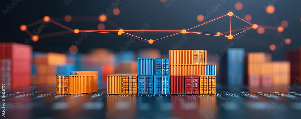 Poster Efficient logistics with colorful shipping containers and connectivity lines. This represents global trade and supply chain management in modern context