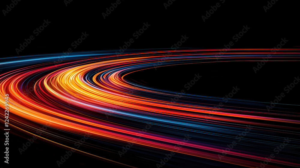 Poster Energetic wavy light trails in vibrant colors create dynamic visual effect against dark background, evoking sense of motion and excitement