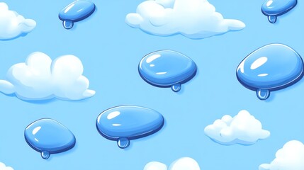 Seamless pattern of cartoon clouds and raindrops on a light blue sky.