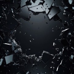 Shattered black glass explosion, dark background.