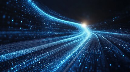 Obraz premium Glowing blue light trails curve through dark space.