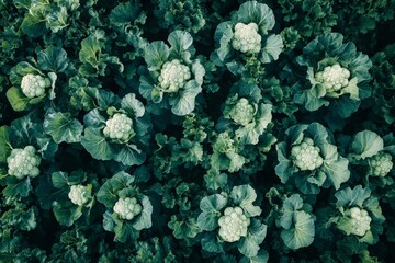 Aerial view of numerous cauliflower plants in a field, showcasing their vibrant green leaves and developing heads.