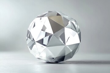 Shiny,faceted,geometric sphere on white background.