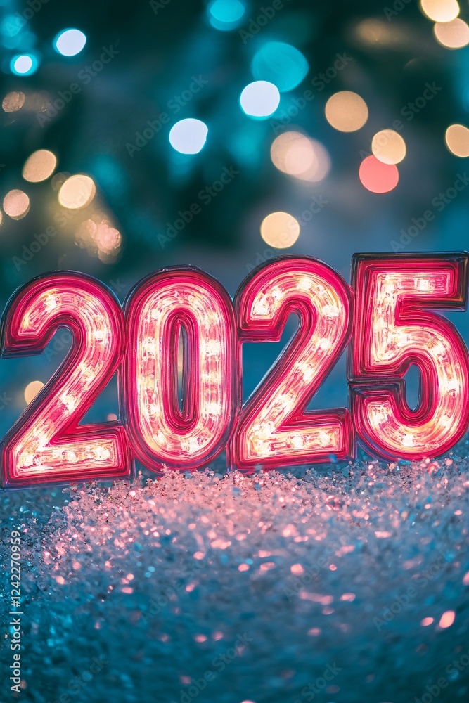 Poster 2025 glowing in the dark with defocused lights in the background
