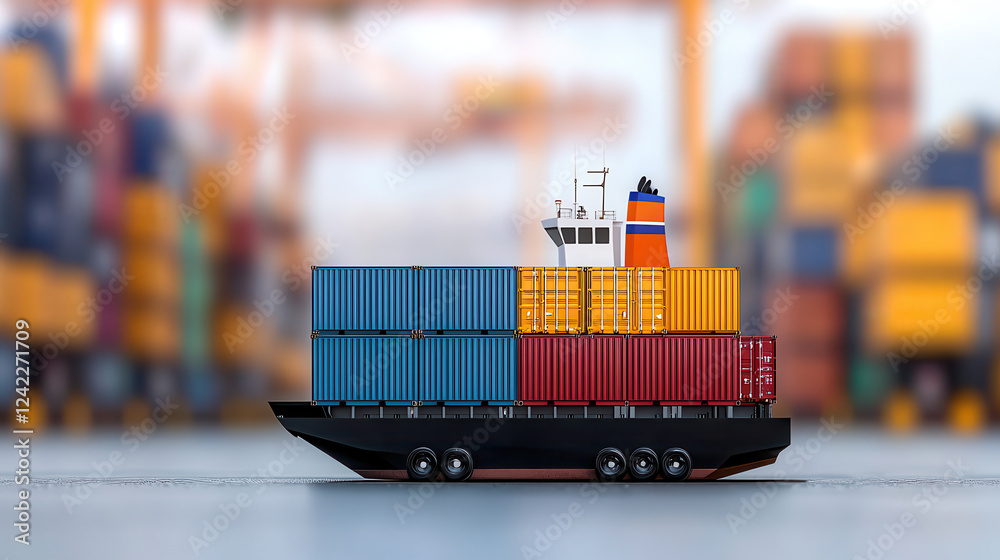 Poster model cargo ship with colorful containers is docked at shipping terminal, symbolizing global trade and logistics. vibrant colors of containers stand out against blurred background of busy dock