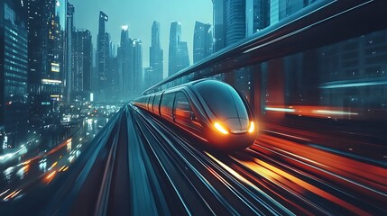 Fototapeta premium Futuristic train speeds through a vibrant city at night For evokes a sense of modern technological advancement transportation future Concept.