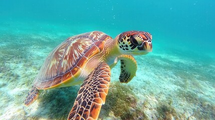 Obraz premium World Wildlife Day concept. Underwater Scene of a Sea Turtle Swimming Near a Coral Reef