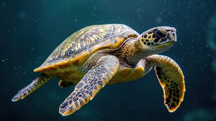 Fototapeta premium World Wildlife Day concept. Underwater scene of a sea turtle swimming near a vibrant coral reef