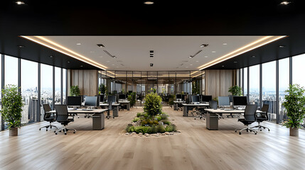 Modern office cityscape view, plants, desks