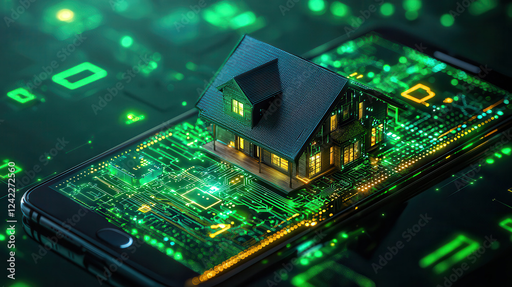 Poster digital property management concept with house on smartphone, showcasing technology and innovation i