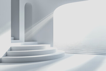 Obraz premium Bright white room featuring a staircase leading towards natural light with minimalistic decor and clean lines