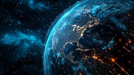 Fototapeta premium Digital rendering of Earth at night for showcasing global technology network connections communication internet universe Concept.